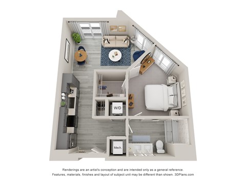 Floor plan for 1 bed, 1 bath, 682 sqft